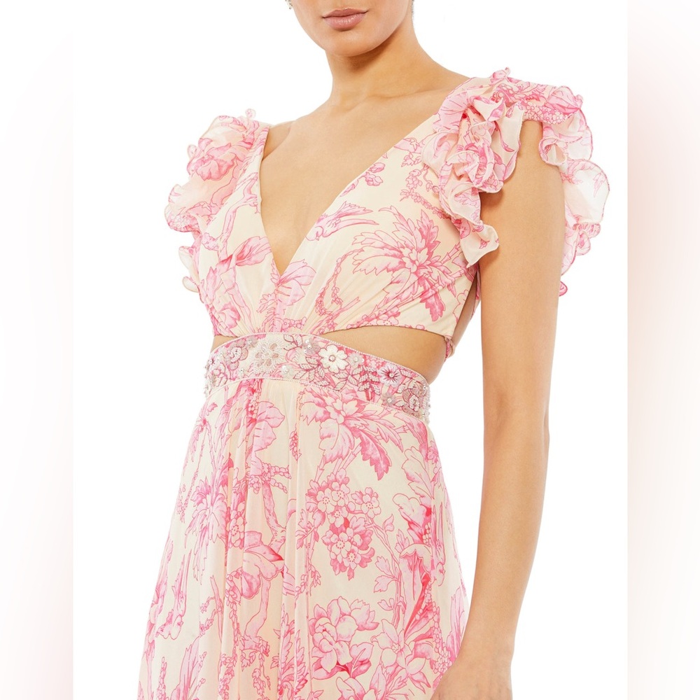 Mac Duggal Floral Flutter Cap-Sleeve V-Neck Lace-Up Gown Size 12 - Picture 8 of 8